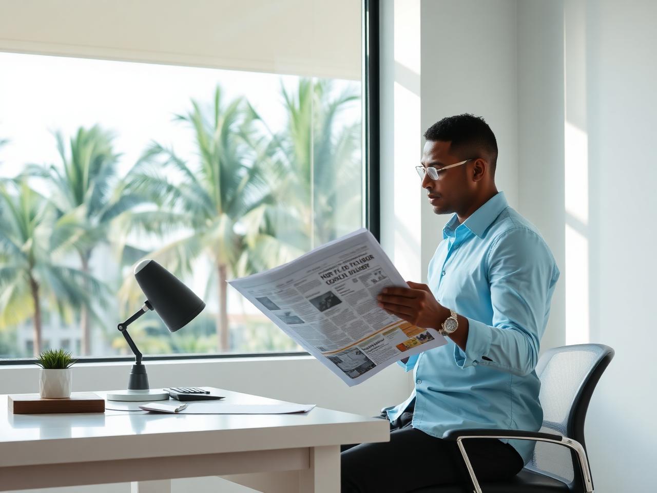 A reporter reading a newspaper at a bright desk in Belize