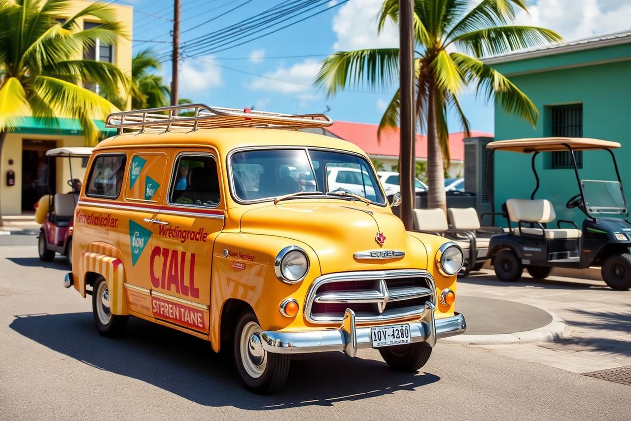 A brand-wrapped vehicle parked on a sunny street in Belize